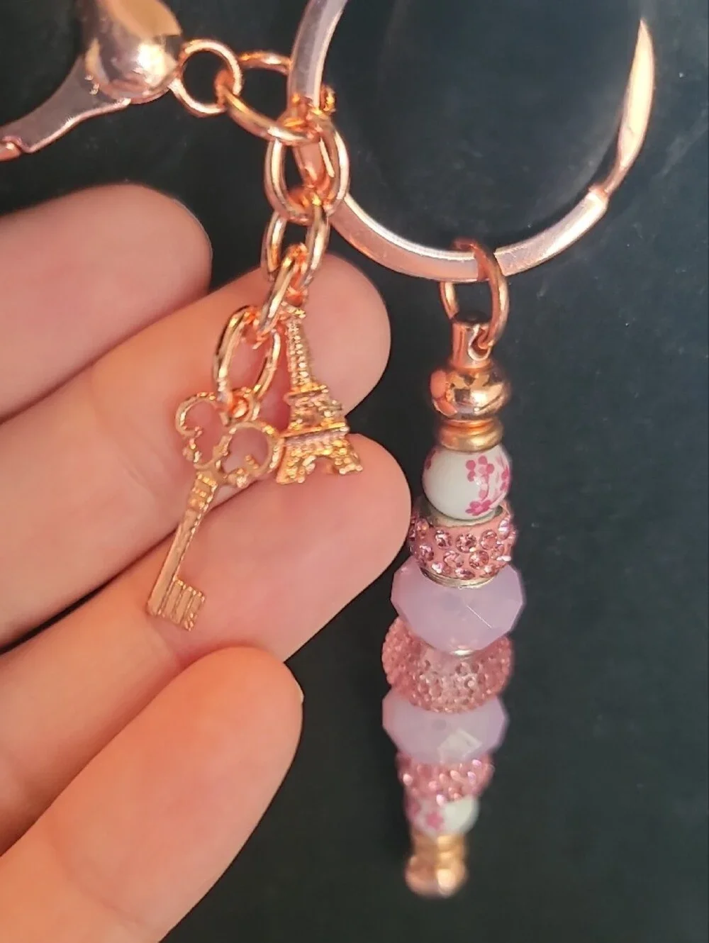 Rose Gold Pink Beaded Keychain Or Purse Charm with Eiffel Tower + Key Charms